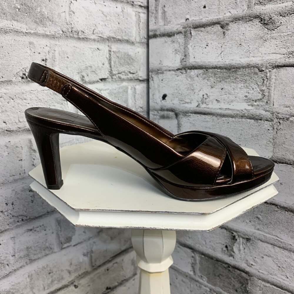 Etienne Aigner Ophelia Open Toe Sling Back Brown Patent Faux Leather Sandals - Picture 3 of 9